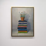 Still life painting of a flowerpot with paint brushes in it atop a stack of books