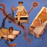 Painting of three women in various activities on a blue background