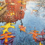 Painting of a puddle with buildings reflecting in it and leaves on its surface