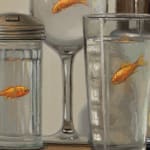Center detail of Goldfish in different drinking vessels on yellow and orange soda boxes