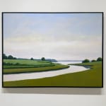 Painting of a river and riverbanks with bushes and trees in the background