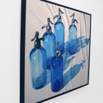 Oil painting of blue seltzer bottles on table cloth on linen