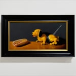 Painting of a toy dog with a hot dog