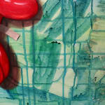 Right side detail of Red balloon dog taped to great colored board