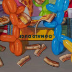 Bottom middle detail of 14 multicolored balloon dogs having a pizza party