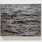 Triptych of birds flying over water