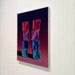 Painting of two towers of paper boxes on a pink/blue gradient background