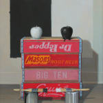Still life painting of two painted apples on soda boxes