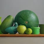 Painting of green cups and fruit on a table top