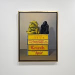 Still life painting of a gorilla with a pile of bananas on a stack of yellow crates