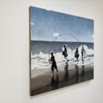 Painting of children playing in the ocean with a jump rope