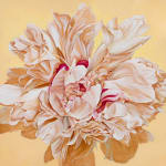 Large painting of beige peony on yellow background