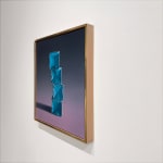 Painting of a teal stack of teal paper boxes on a purple to gray gradient background