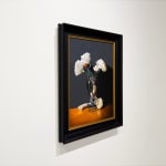 Still life painting of a vase with roses and a gun in it