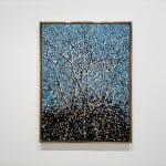 Landscape oil painting of dense woods with blue background on canvas