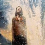 Oil painting of girl standing amidst sprinklers and trees on panel