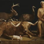 Oil painting of rescuer and various animals on canvas