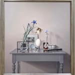 Still life with a table and an ostrich egg, photographs, and plants