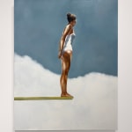 Painting of woman in white bathing suit on a diving board