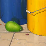 Painting of three buckets filled with balloons