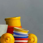 Detail of Lemons with light green bowl, stack of striped bowls, and small bowls