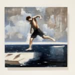 Young boy jumping over water onto a boat