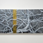 Painting of a tangle of branches with an off centered vertical yellow stripe