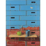 Painting of stacked crates and an apple with a bucket of paint