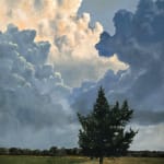 Oil painting of tree with large clouds on canvas