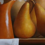 Orange and yellow fruits, vegetables, and cups on grey cloth