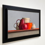 Still lIfe painting with white and red vessels and a pomegranate