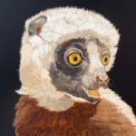 Painting of a white and brown lemur sitting on a a brown platform