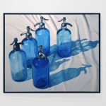 Oil painting of blue seltzer bottles on table cloth on linen