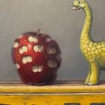 Painting of a dinosaur with a bit apple beside it, all surrounded by a bitten frame