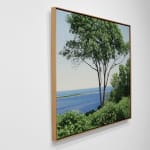 Oil painting of tree and foliage before ocean on canvas