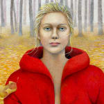 Painting of woman in red coat in a fall landscape sitting on a bench with a basket