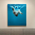 Oil painting of girl impacting water's surface in a cannonball on canvas