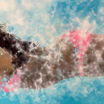 Painting of a woman in a pink bathing suit swimming