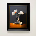 Still life painting of a vase with roses and a gun in it