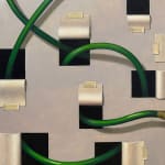 Painting of a hose winding through paper cut outs