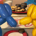 Painting of balloon dogs pretending to dine on cookies and milk