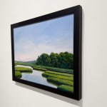 Painting of a river marsh with bushes and landscape
