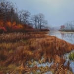 Landscape with grey sky, fall foliage, and a pond