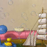 Painting of balloon dog taking a bath