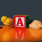 Painting of dumplings, a toy chick, and a letter block