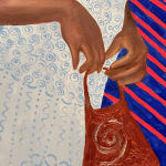 Painting of a woman in a white and blue dress