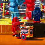 Center detail of Rock-em Sock-em robots fight with other robot toys watching