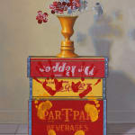 Flowers made from Coca Cola cans on top of red and yellow soda boxes with hand and foot prints