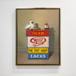 Still life painting of a toy chicken and an egg