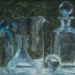 Oil painting of 4 glass vessels before foliage on linen